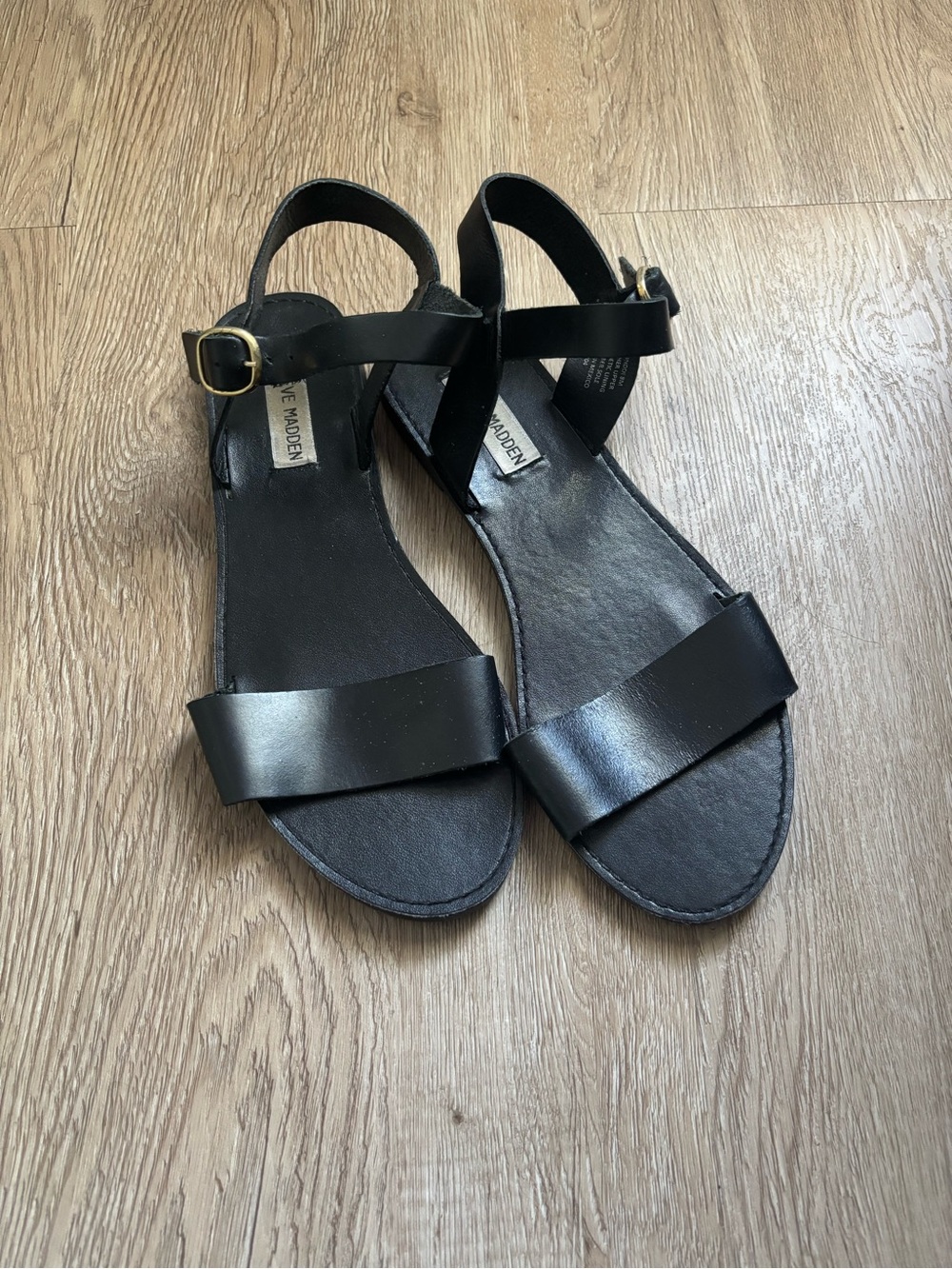 Steve Madden Black Leather Ankle-Strap Sandals with Gold Buckles